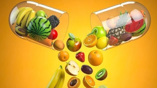 Premium Photo _ Different fruits in medical capsule vitamin dietary supplement and health nutrition concept